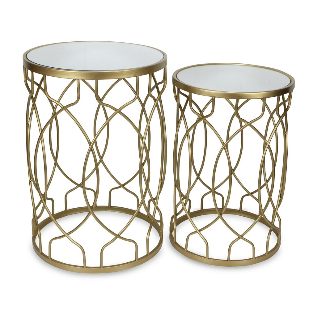 Set of 2 Gold Nesting Tables with Curved Pattern and Metal Framed Round