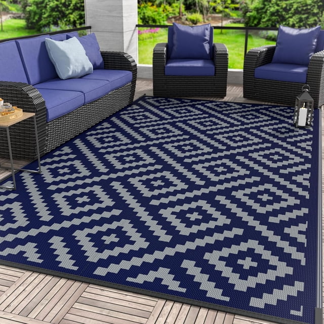 Outdoor Rug x Reversible Mats Outdoor Area Rug Plastic Straw Rug Geometric Rv Mat for Patio Camping Rv Picnic Backyard Deck Balcony Porch Beach Trailer ( & Grey)