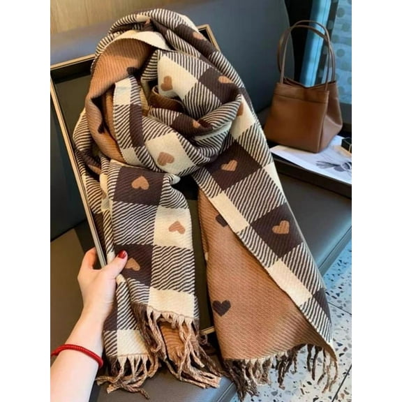 Plaid & Heart Pattern Tassel Decor Scarf, Elegant Soft Warm Thick Shawl for Women & Men, Fashion Accessories for Fall & Winter, Double Sided Scarf