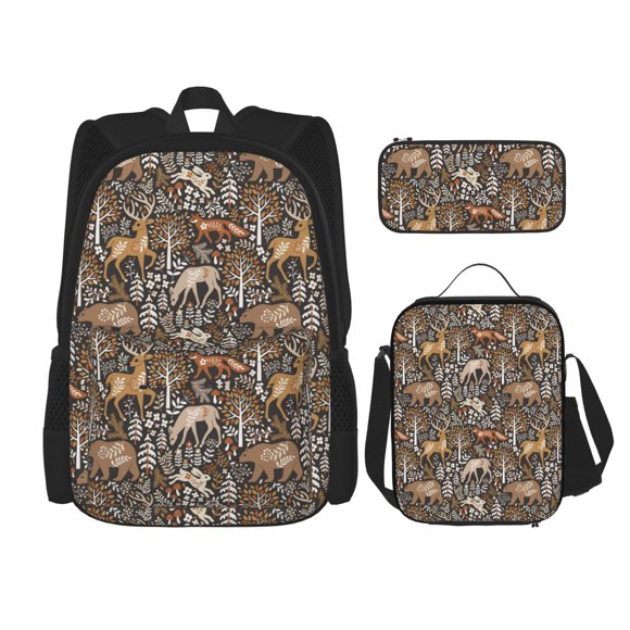 Lsque Moose fox bear leaf tree Pattern School Bag Set -Backpack with Pencil Case and Lunch Bag,3-in-1 School Bag,Kids Backpack Set for Boys and Girls