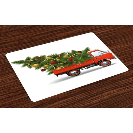 Fire Truck Placemat (Christmas Placemats Set of 4 Red Retro Style Farm Truck and Big Christmas Tree with Tinsel Balls Candy, Washable Fabric Place Mats for Dining Room Kitchen Table Decor,White Red Green,)