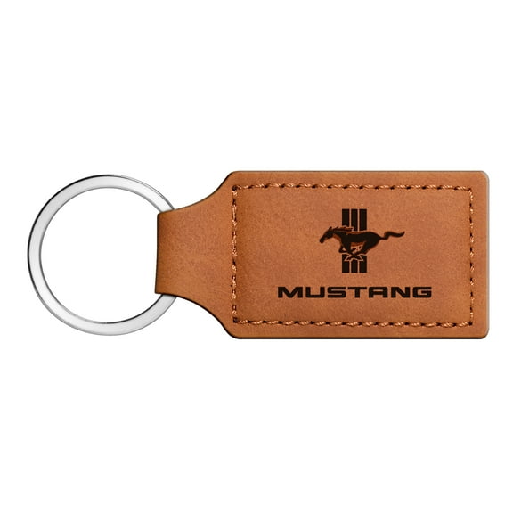 iPick Image for Ford Mustang Tri-Bar Rectangular Brown Leather Key Chain, Official Licensed