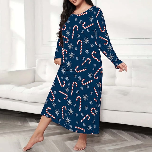 siminseming Chemises de Nuit de Noël pour Femmes & Chemises de Nuit Grande Taille Robe de Nuit Décontractée Imprimé de Noël Mignon Manches Longues Col Rond Extensible Ample Vêtements Chaussures & Accessoires
