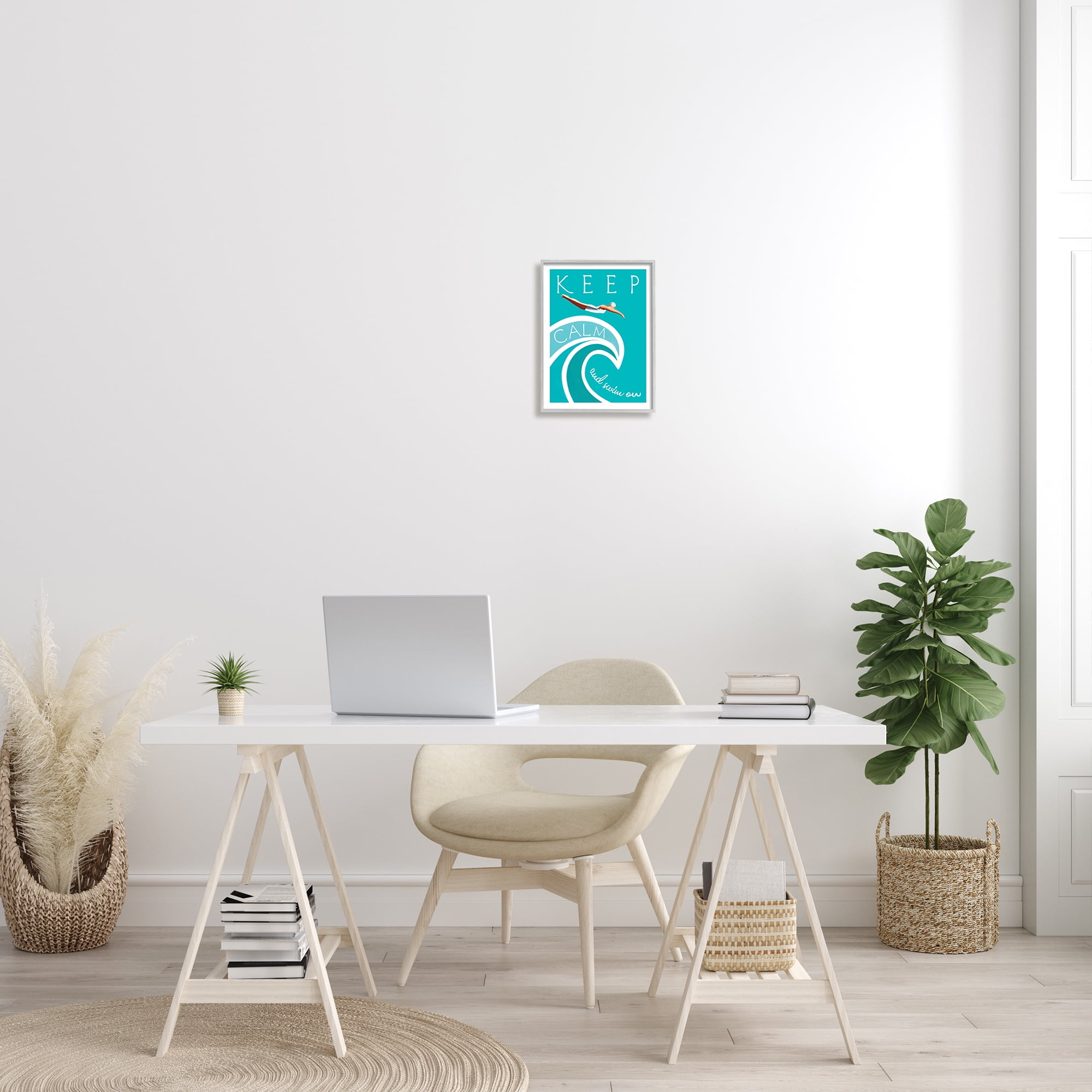 Elizabeth Tyndall Industries Keep Calm Swim On Phrase Female Diver Blue Wave 14 in x 11 in Framed Painting Canvas Art Print, by Stupell Home Décor