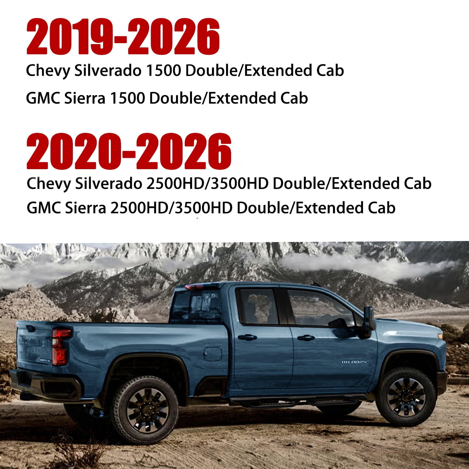 Vijay Running Boards Compatible with 2019-2020-2021-2022-2023-2024-2025-2026 Chevrolet Silverado 2500HD/3500HD Extended Cab A Pair Bolt-on Side Steps Rails Steel Nerf Bars