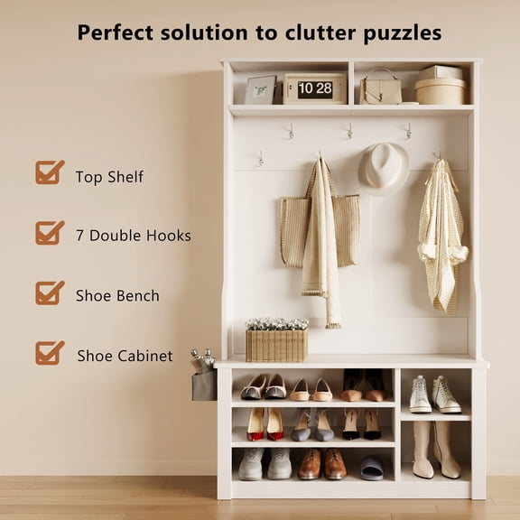 Lofka Hall Tree with Bench and Shoe Storge, Coat Rack with Storage and hooks, for Entryway|Living Room|Bedroom,White