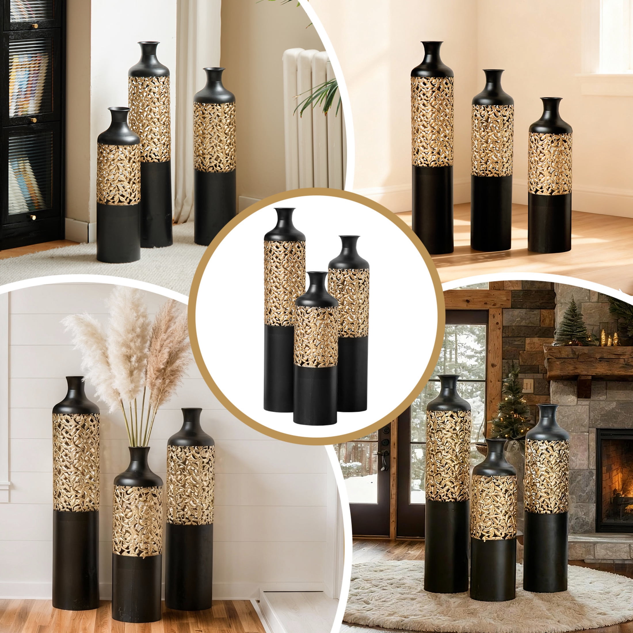 Noble House 20.8", 24.8", 28.7" Metal Floor Vase Set of 3, Cutout Geometric Vases, Black+Gold