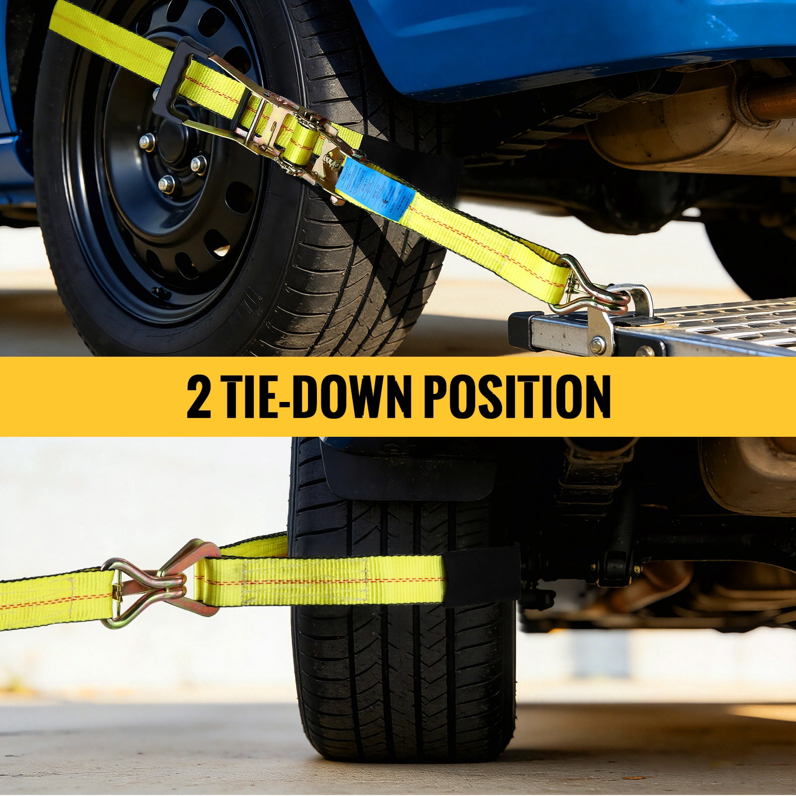 TLGREEN 4 Pack Wheel Straps + Axle Straps Kit for Trailers – 2” x 10’ Ratchet Straps with J Hooks & 36” Axle Straps, 10,000LB Break Strength, Non-Scratch Protection for Truck, SUV, ATV, UTV, Yellow