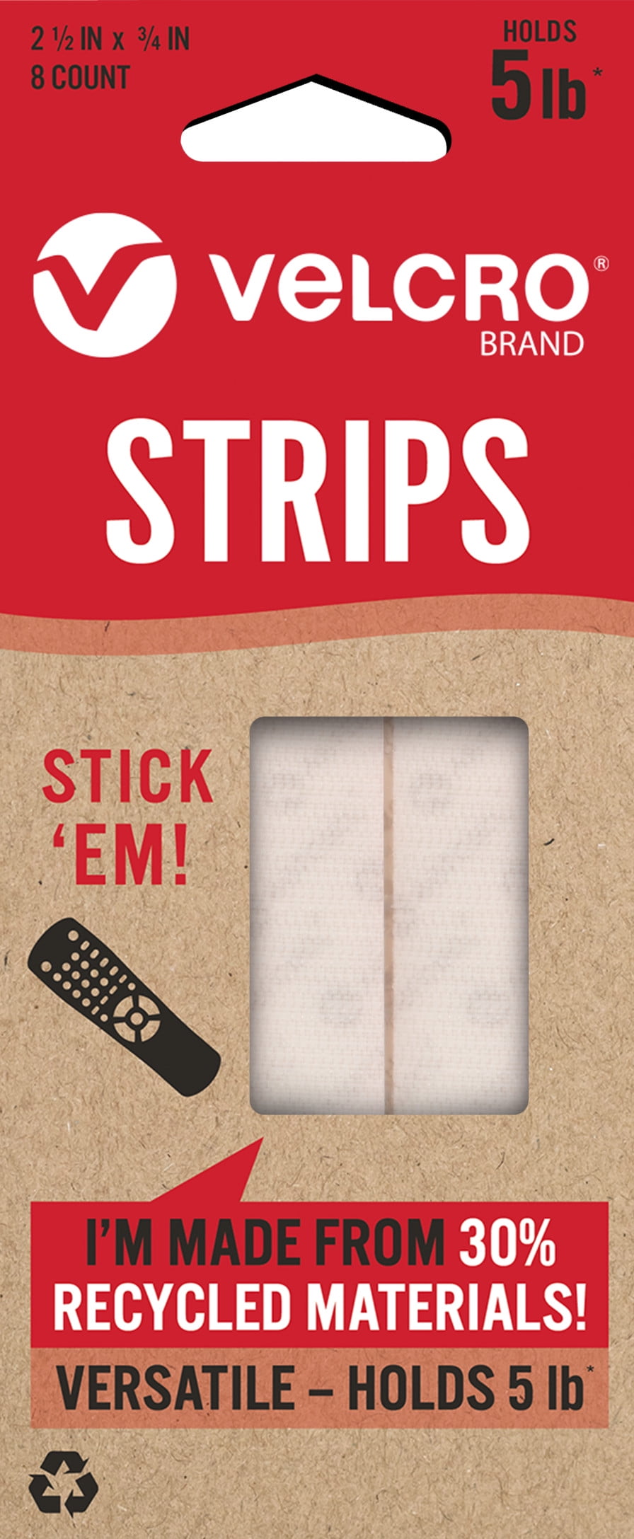 VELCRO Brand ECO Collection Stick On Adhesive Strips 2 1/2in x 3/4in, Sustainable 30% Recycled Material, 8ct White