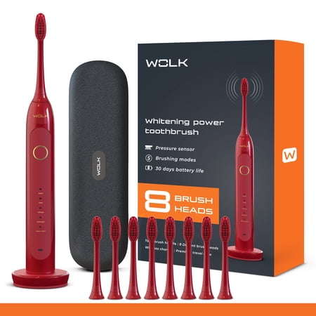 WOLK T6421 Ultra Whitening Toothbrush with Pressure Sensor & 5 Brushing Modes  8 Dupont Brush Heads  Premium Travel Case  Rechargeable. Maroon