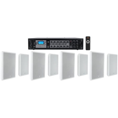 Rockville 6-Zone 70v Amplifier+(8) Slim White Restaurant/Bar/Cafe Wall Speakers