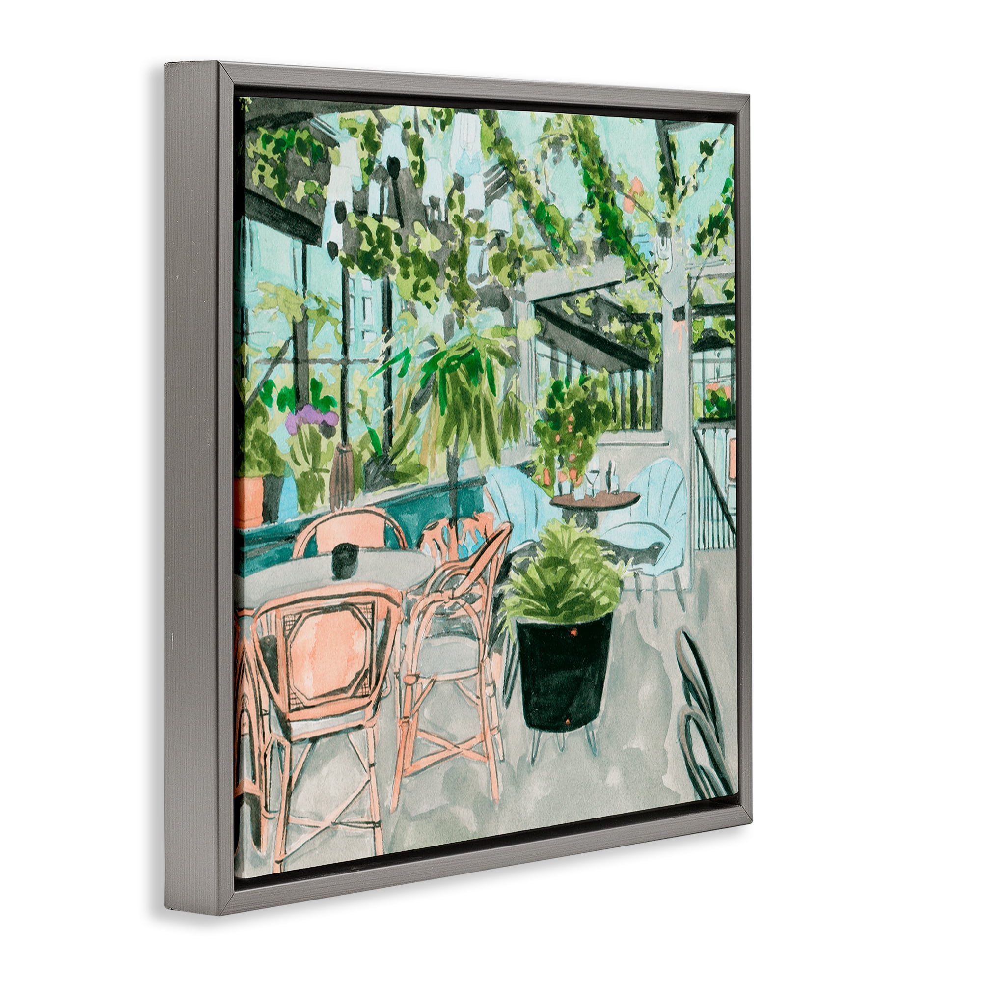 Stupell Industries Plant Filled Bistro Furniture Painting Gray Floater Framed Canvas Art Print Wall Art, 25 x 25