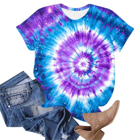 Cilsoka Tie Dye Shirts for Women Short Sleeve Shirts Cute Print Graphic Tees Plus Size Basic Summer Casual Rainbow Tshirts Tops