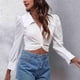 thumbnail image 2 of Puff Top corto de manga larga Color puro Casual Mujer Twist Front Tie Back Blusa para uso diario Blanco XL, 2 of 6