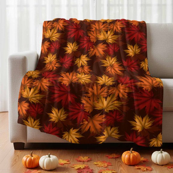 Fleece Blanket Fall Maple Leaves Orange Watercolor Blankets,Soft Cozy Warm Flannel Throw Blanket,Thanksgiving Fallen Leaf Blanket for Bed Couch Sofa 40x50in
