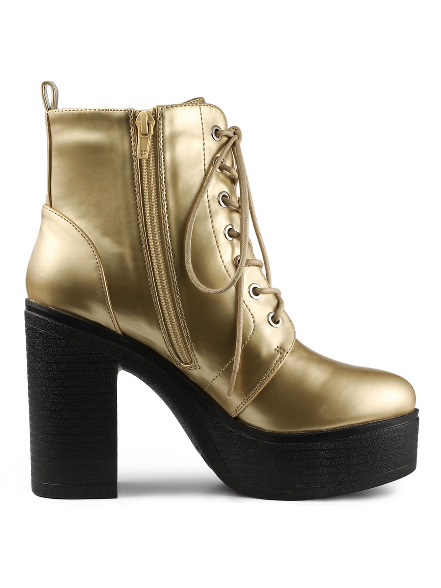 Unique Bargains Women's Platform Chunky High Heel Lace up Combat Boots Gold 7.5