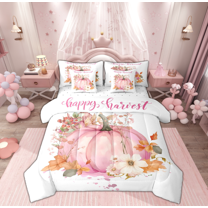 Manfei Cartoon Fall Pumpkin Bedding Comforter Set 7-Piece, Harvest Plant Botanical King Bedding Sets, Teens Girls Kids Bed Sheets, Ultra Soft Home Decor