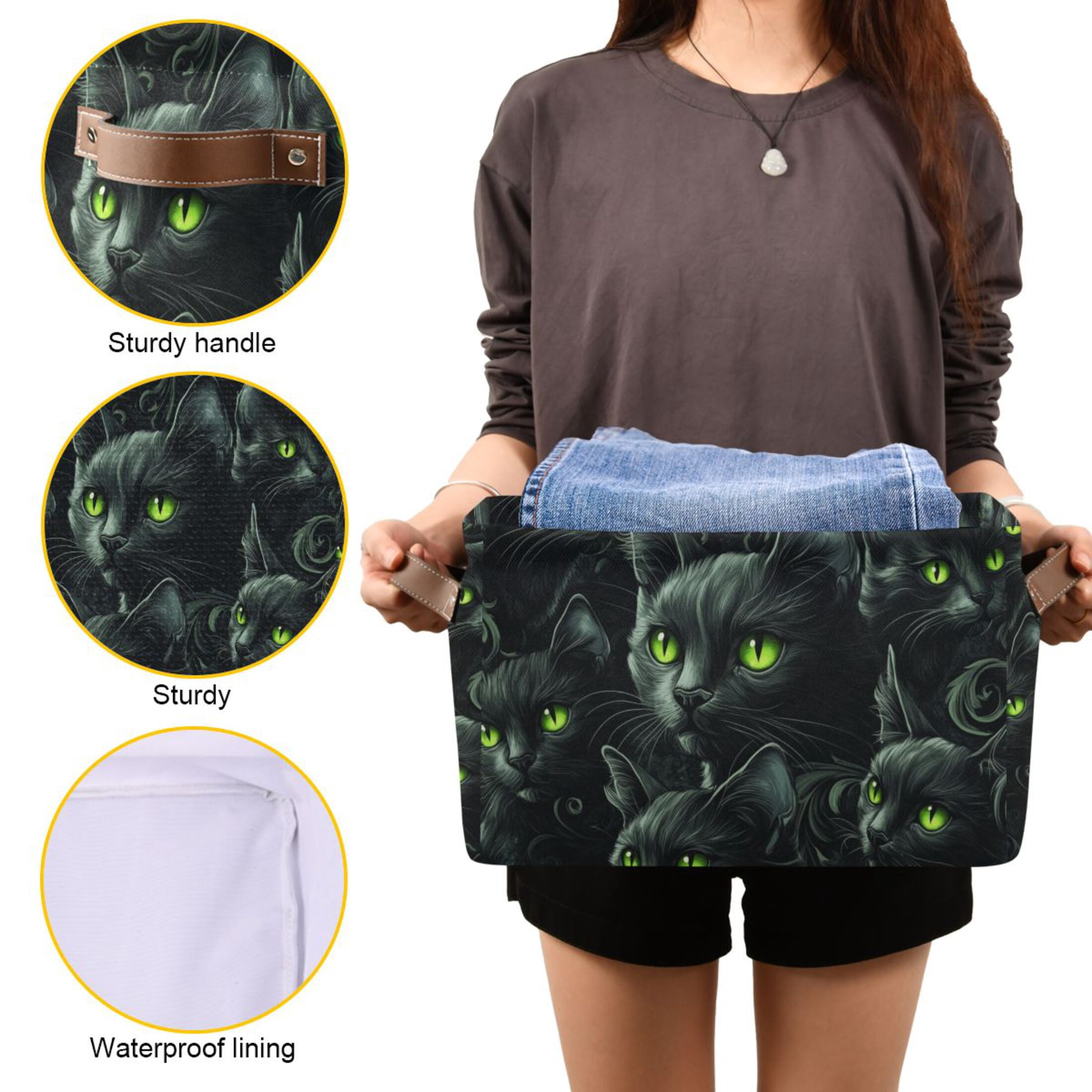 WOBOGO Dark Pattern with Black Cats Square Storage Basket with Waterproof Canvas and PE Lining Durable PU Leather Handles 14.2×10.2×8.3in