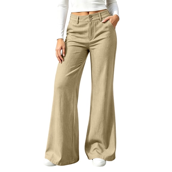 TEAJOPSUU Women's Bootcut Pants Cotton Blend High Waisted Double Button Fly Flare Trousers with Pockets Casual Fall Daily Pants Khaki