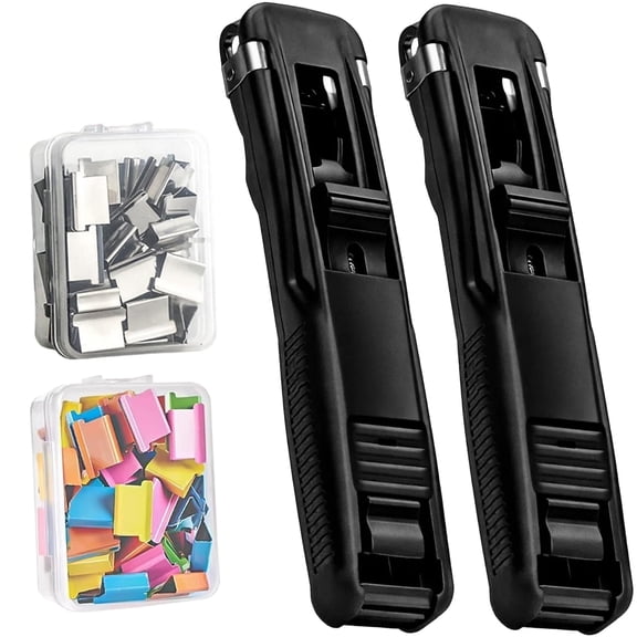 Upgrade Portable Binder Clip Stapler - Includes 50/100 Reusable Clips, Mini Push Stapler Clamp Staplers, Handheld Paper Clam Clip Dispenser
