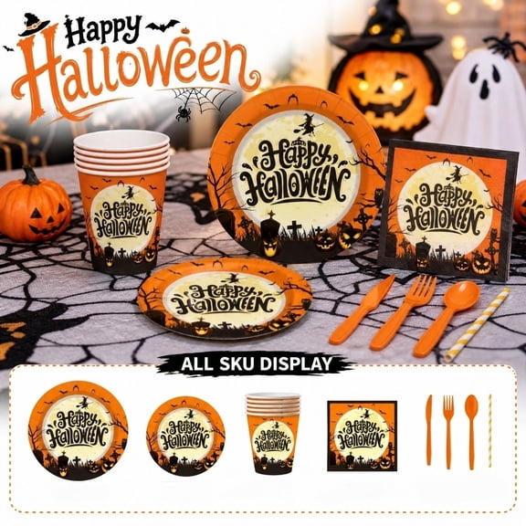 KEVCHE Halloween Disposable Tableware Set, 140Pcs Ghost Plate Napkin Cup, Heavy Duty Paper Tableware for Party, Cute Haunted Decor for Holiday Events