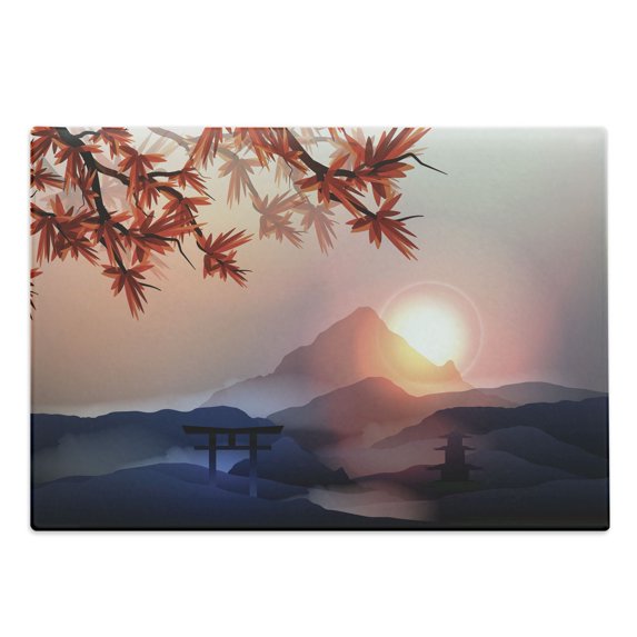 East Cutting Board, Majestic Himalayas Peaks Tops Silhouette of Sun Life Circle Culture Art, Decorative Tempered Glass Cutting and Serving Board, Large Size, Blue Pink Red, by Ambesonne