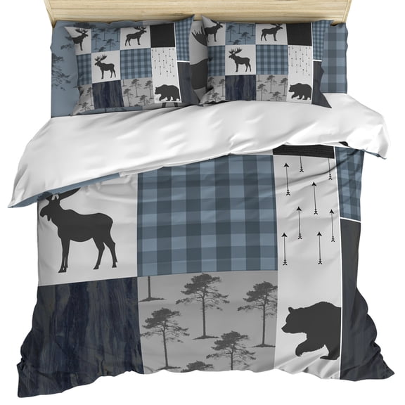 Vintage Plaid Duvet Cover Set, Farmhouse Bear Deer Trees Forest Checked Soft Duvet Cover Queen Size Bedding Set 4 Pieces, 1 Quiltcover and 2 Pillowcases with Zipper, 1 Bed Sheet for All Seasons