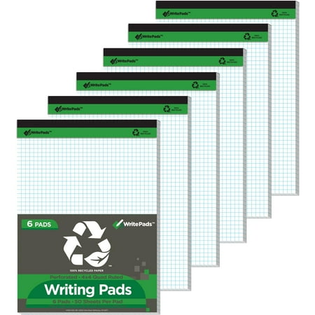 Legal Pads Writing Pads Recycled Paper 8.5"x11.75" Quad Ruled 4x4 Perforated 50sheets/pad Grid Paper Notepads Writing Tablet White For Office Supplies (White 6pad, 8.5x11.75'')