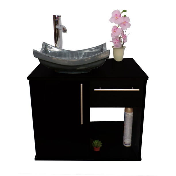 Gabinete para Baño con Puerta Y Cajón con Lavabo Y Monomando (Negro Mate/Gris) DECOMOBIL GABINETE 08