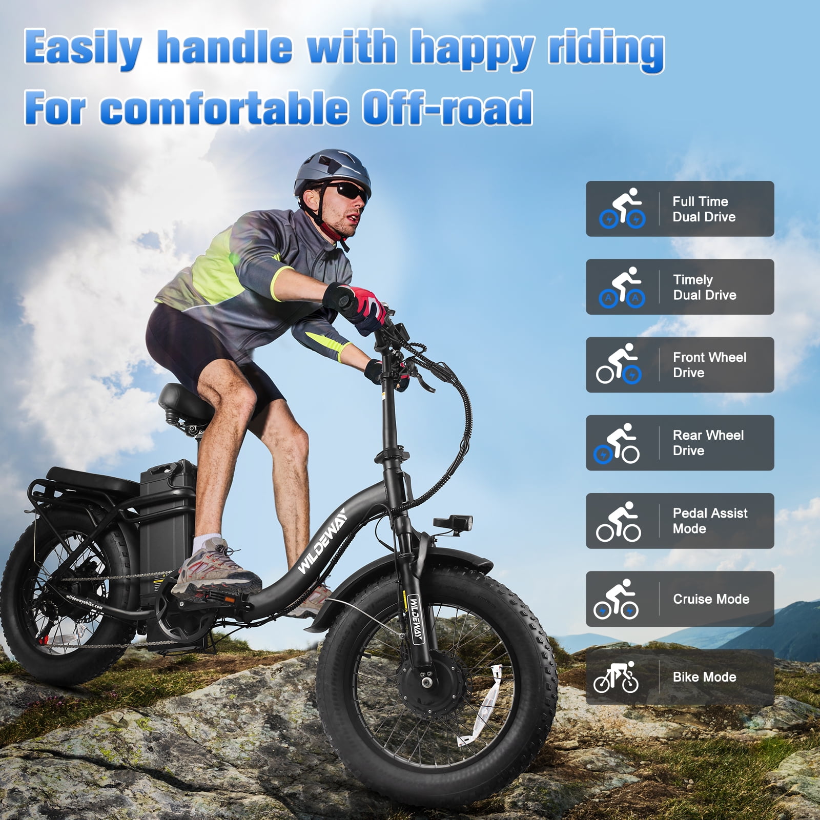 Wildeway Folding Dual Motors 2000W Mountain Bike for Adult, UL2849 48V 32AH Removable Battery Ebike 20X4"Fat Tire up to 28MPH&100 Miles Long Range Off Road Dual Hydraulic Disc Brake Electric Bicycle.