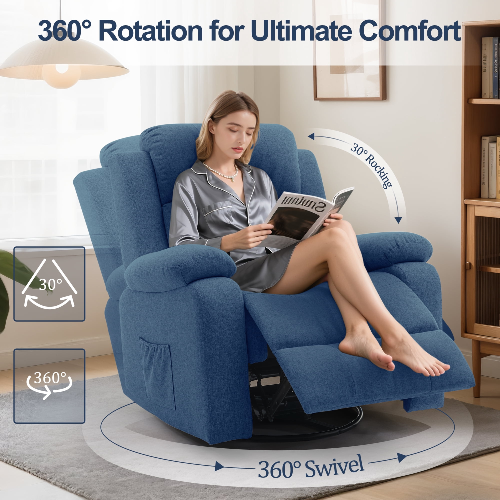 Korser Swivel Rocker Recliner Chair for Adults with Massage and Heat,Upholstered Manual Recliner with Side Pockets Glider Recliner for Living Room,Linen,Blue