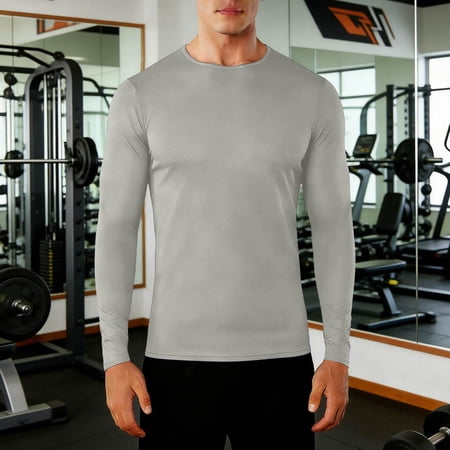 Ceisia Men s Solid Color Long Sleeve Round Neck Tight Fit Base Layer Top Mesh Breathable Stretchy Fitness Cycling Shirt Gray Gifts for Father 2X