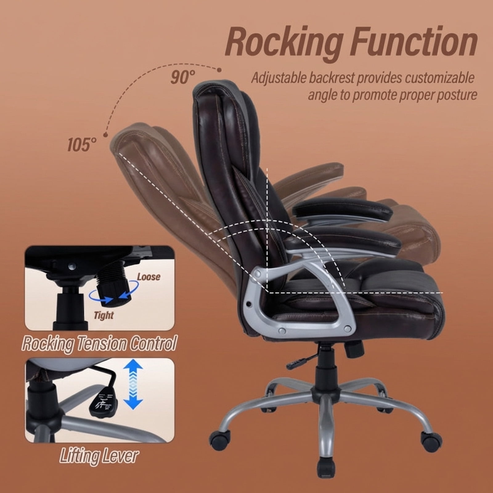 Furnibear Executive Office Chair High Back Leather Ergonomic with Padded Armrests Lumbar Support Swivel Task Chair for Home Office, Brown