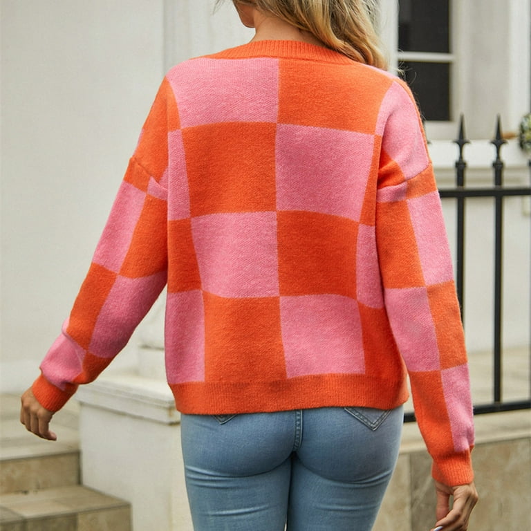 Lolmot Women's Plaid Color Block V-Neck Button Long Sleeve Open