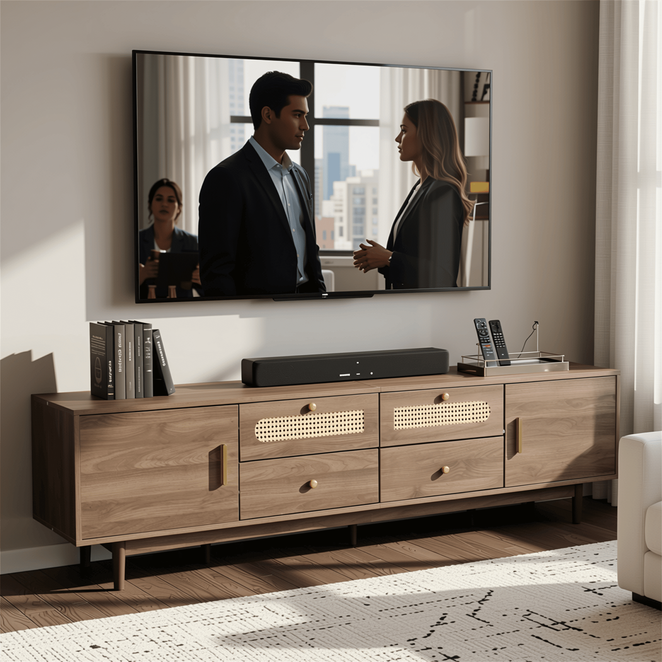 Homy Casa 76.8" Walnut TV Stand for TVs up to 85" with Rattan Doors, 2 Drawers and Side Cabinets