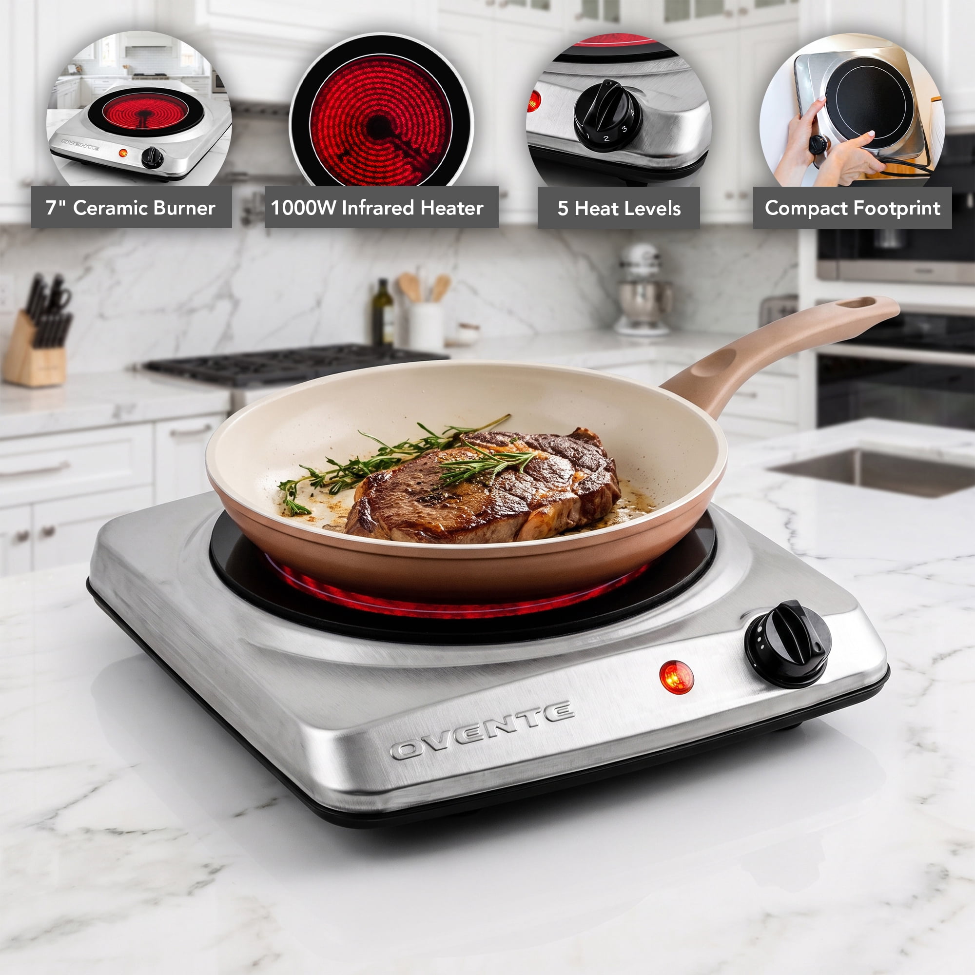 OVENTE Countertop Infrared Single Burner, 1000W Electric Hot Plate with 7” Ceramic Glass Cooktop, 5 Level Temperature Setting & Easy to Clean Base, Compact Stove for Home Dorm Office, Silver BGI101S