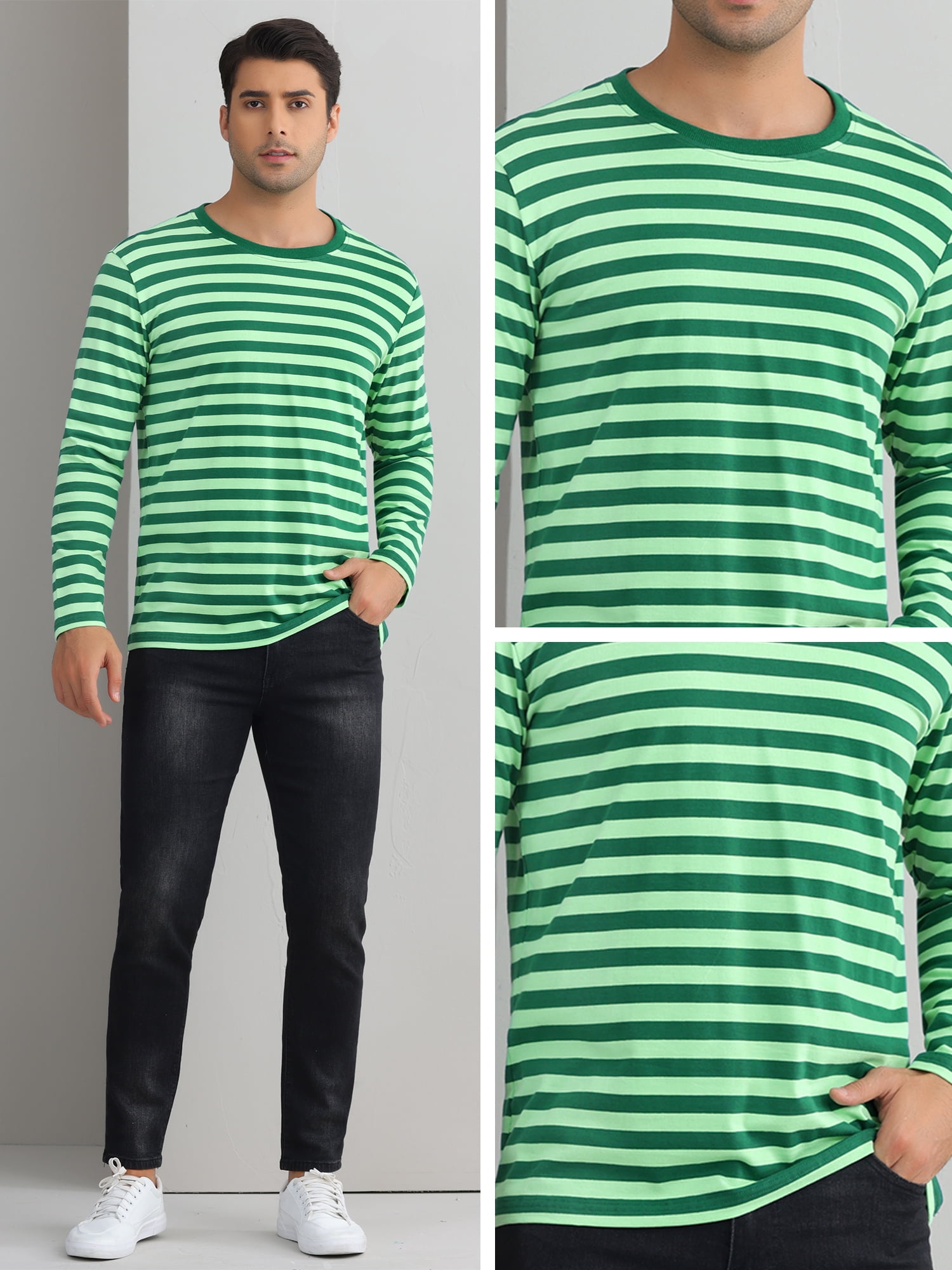 DARING DIVA Men's Striped Sweatshirts Stripes Long Sleeve Casual T-Shirt 2XL Green White