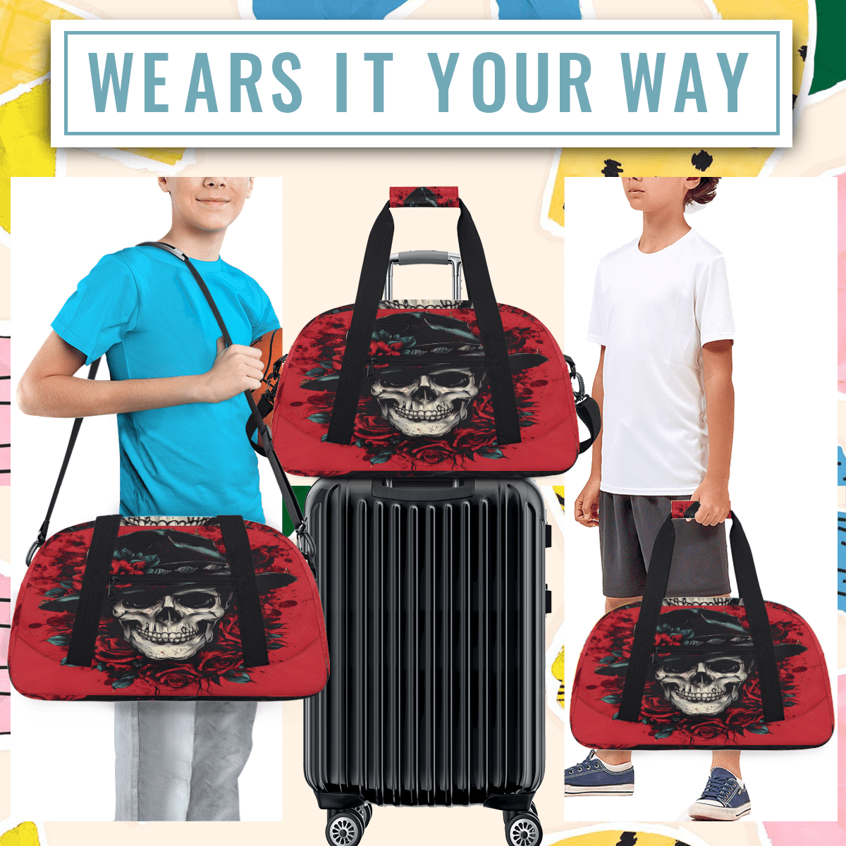 Herdesigns Gothic Skull Skeleton Sports Duffle Bag for Women & Men, Red Rose Gym Bag Dance Bag Overnight Bag Carry On Weekender Travel Bag