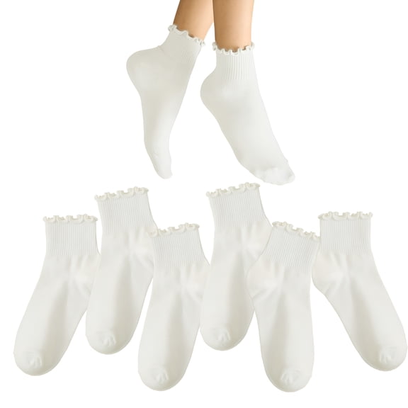 TELOLY 6 Pairs White Ankle Socks Women, Cute Ruffle Sock for Girl Women, Crew Frilly Sock, White Slouch Socks for Women