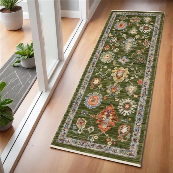 HomeRoots 575296 6 ft. Oriental Runner Rug with Fringe, Green, Gray & Light Blue