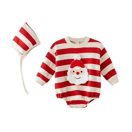 

Girls Romper Unisex Baby Girl Boy Christmas Outfit Long Sleeve Striped Santa Clause Oversized Sweatshirt Romper Hat Xmas Clothes Set Girls Jumpsuits & Rompers(Size:12-18 Months)
