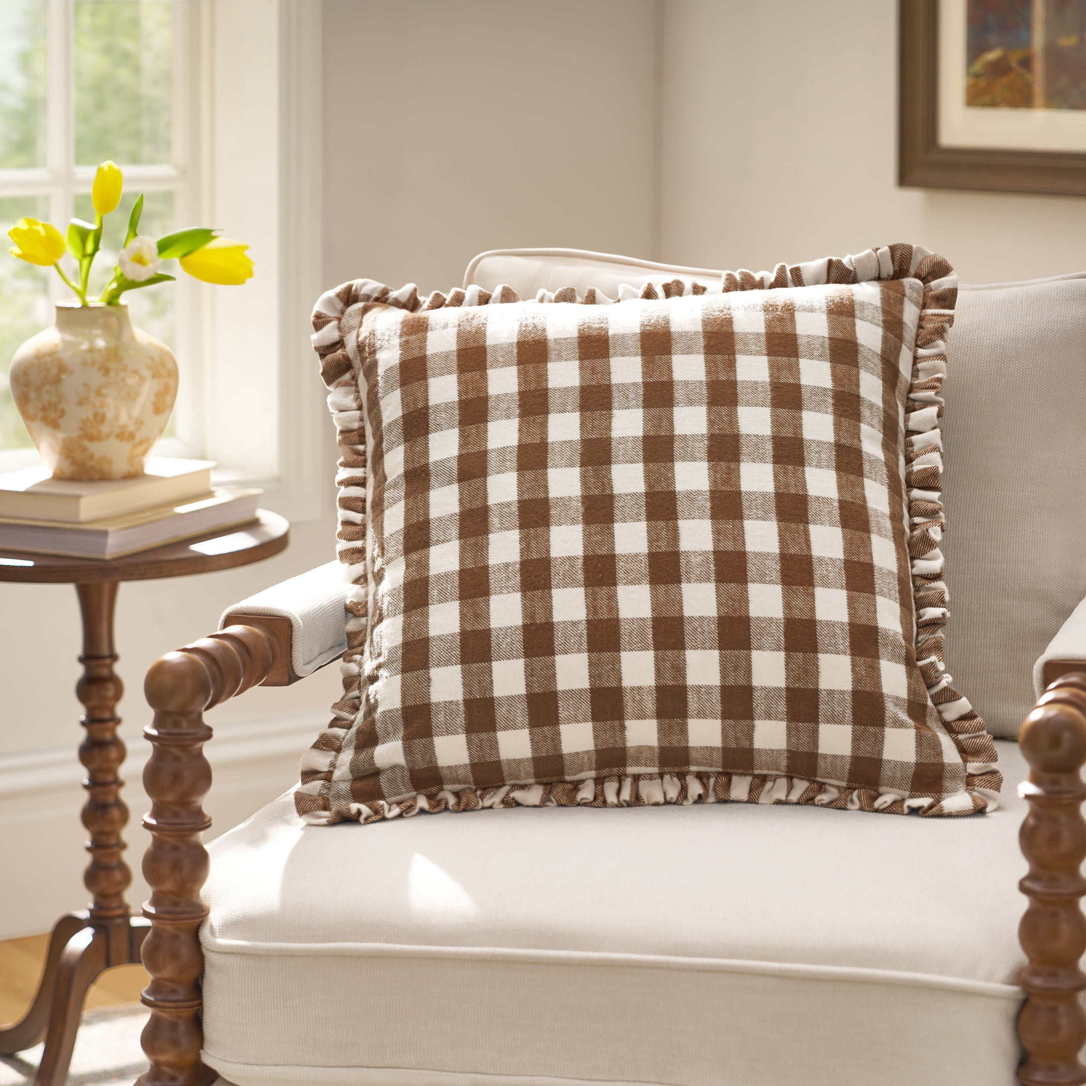 The Pioneer Woman Woven Gingham with Ruffle Pillow - Brown