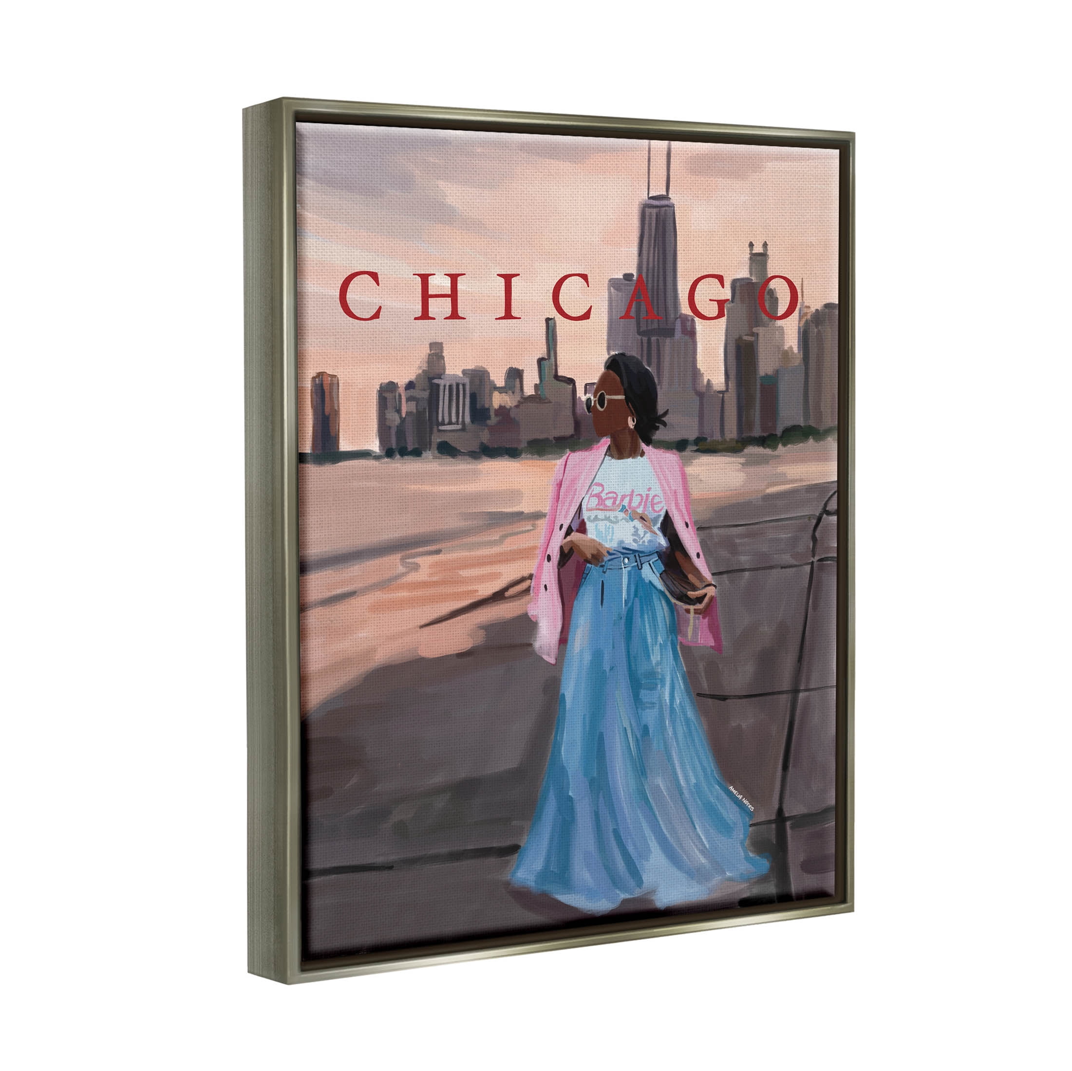 Stupell Industries Fashionable Woman Urban Chicago City Graphic Art Luster Gray Floating Framed Canvas Print Wall Art, Design by Amelia Noyes