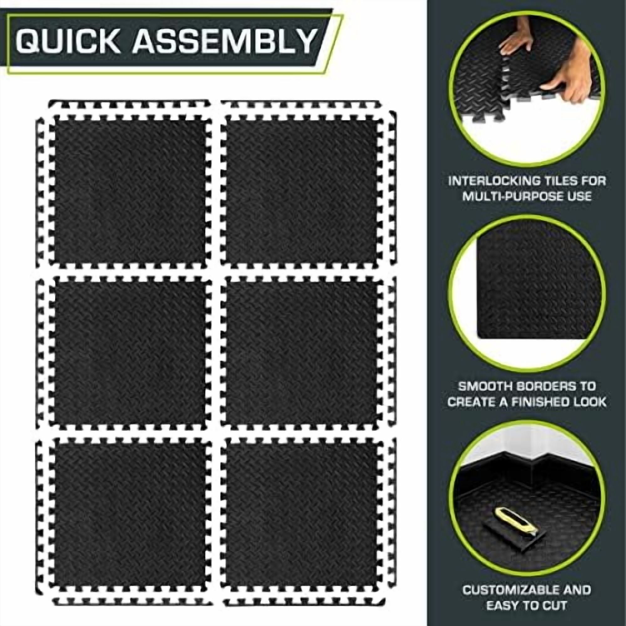 Puzzle Exercise Mat ½ in, EVA Interlocking Foam Floor Tiles for Home Gym, Mat for Home Workout Equipment, Floor Padding for Kids, Black, 24 in x 24 in x ½ in, 24 Sq Ft - 6 Tiles