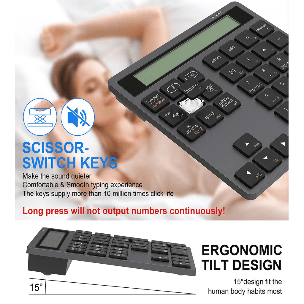 JOMAA Bluetooth +2.4G Wireless Numeric Keyboard with Display Calculator Wireless Number Keypad Financial Accounting Numpad Data Entry