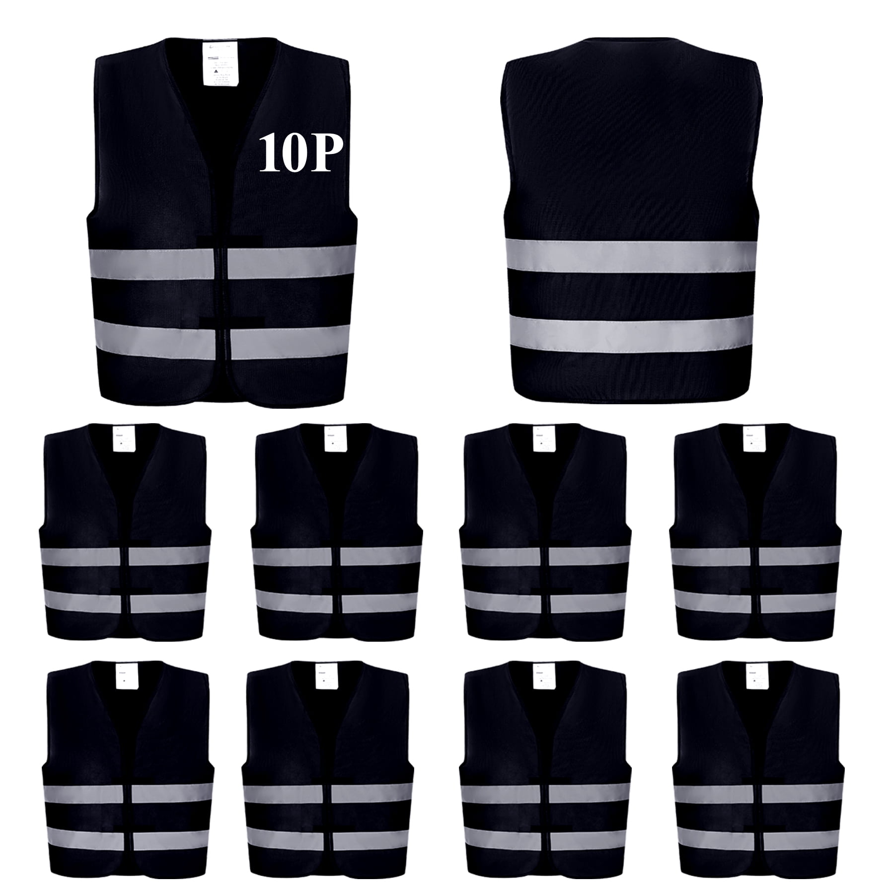 Black Safety Vests 10 Bulk Pack Reflective High Visibility