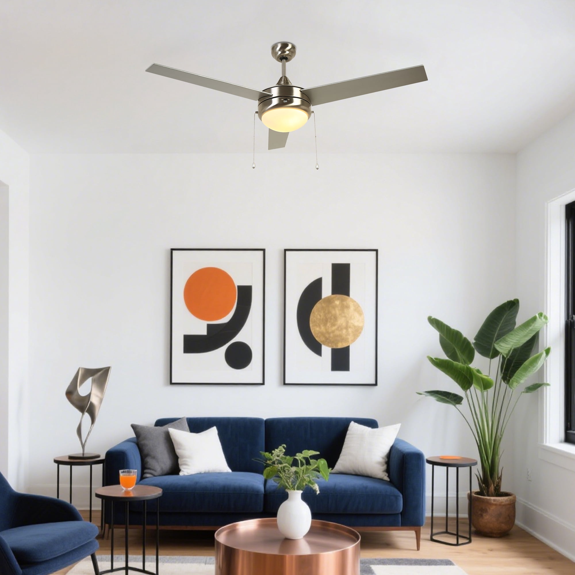 LNC 52 Inch Ceiling Fan,Brushed Nickel,3-Speed Pull Chain,2-Bulb E26 LED,Downrod Mount,Indoor,4600 CFM