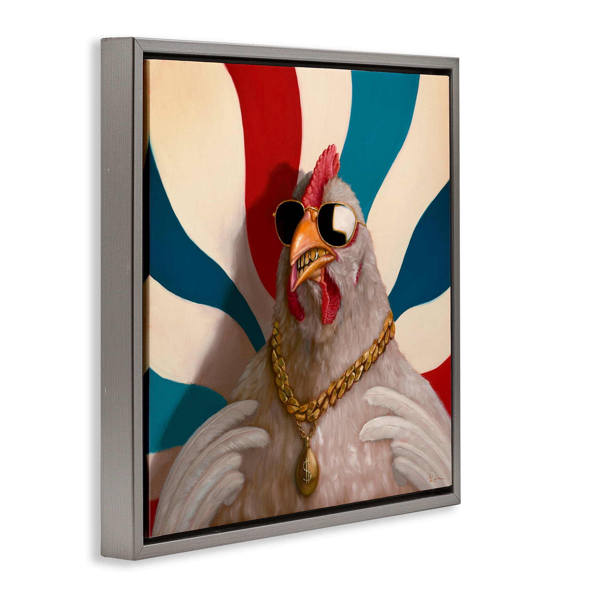 Stupell Industries Chicken with Urban Chains Animals Painting Gray Floater Framed Canvas Art Print Wall Art, 25 x 25