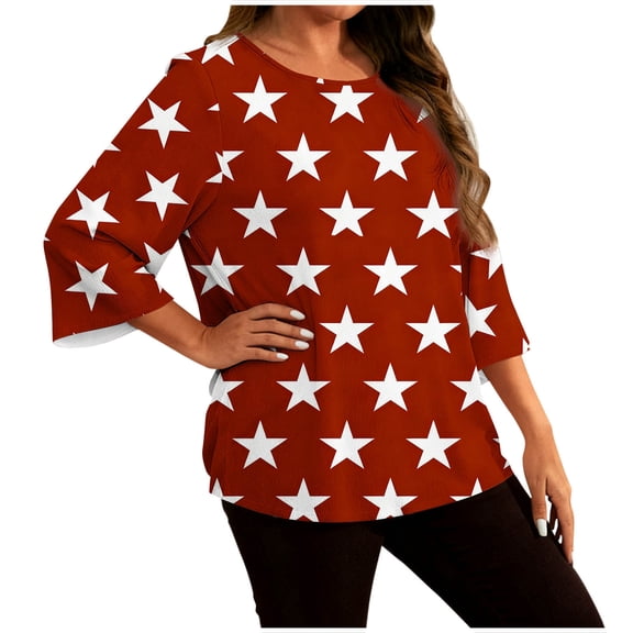 Htigea Women's Plus Size 3/4 Sleeve Tops Star Printed Tees Summer Crewneck Pullover Shirts Casual Loose Fit Blouses Wine L