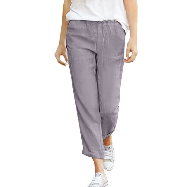 MIASHUI Pantalon à Cordon pour Femme en Coton et Lin Coupe Décontractée Capri Sarouel Pantalon Décontracté Confortable à Revers Roulés Gris,m